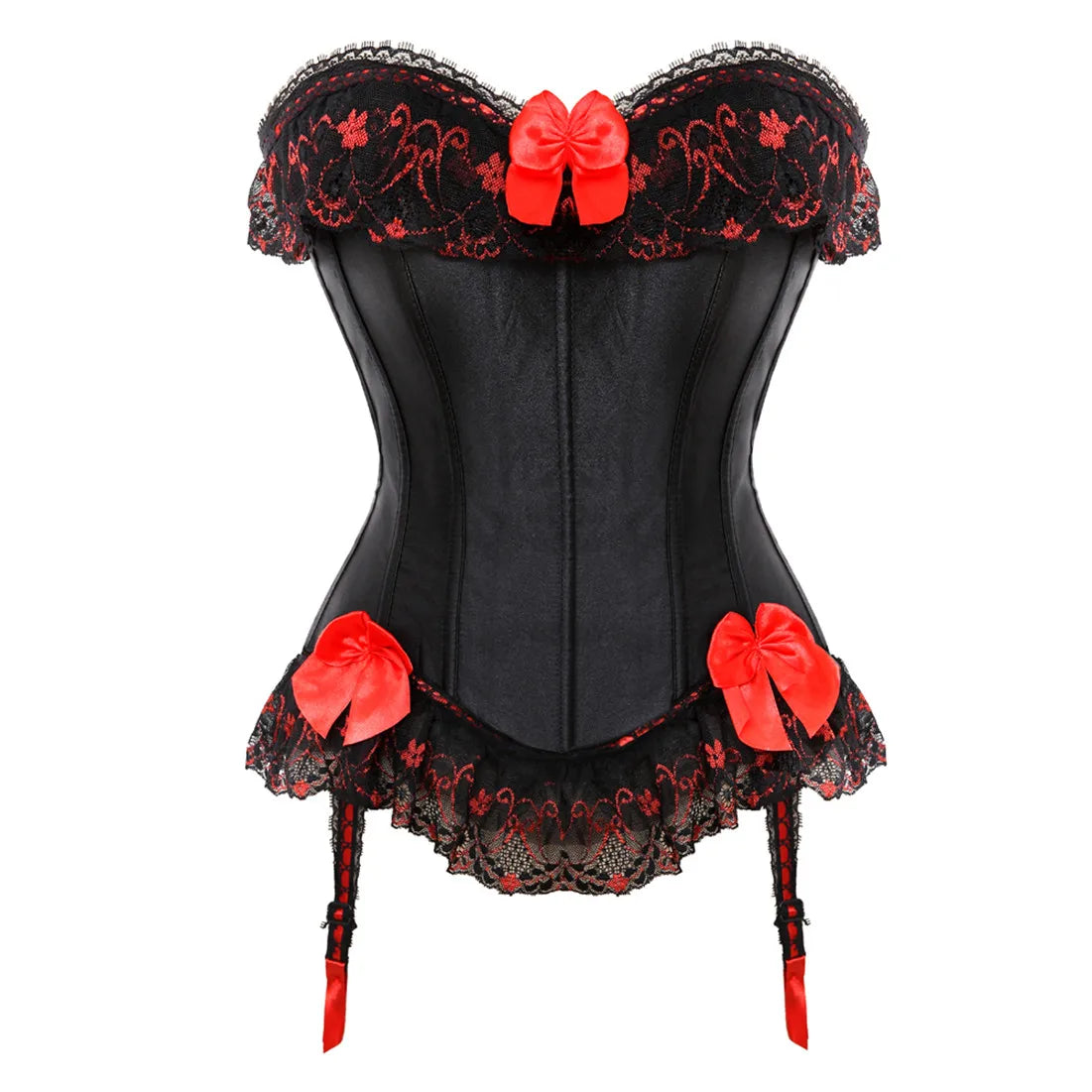 Bustier Satin noir elegant avec dentelle rouge et noeuds decoratifs, style corset avec jarretelles assorties