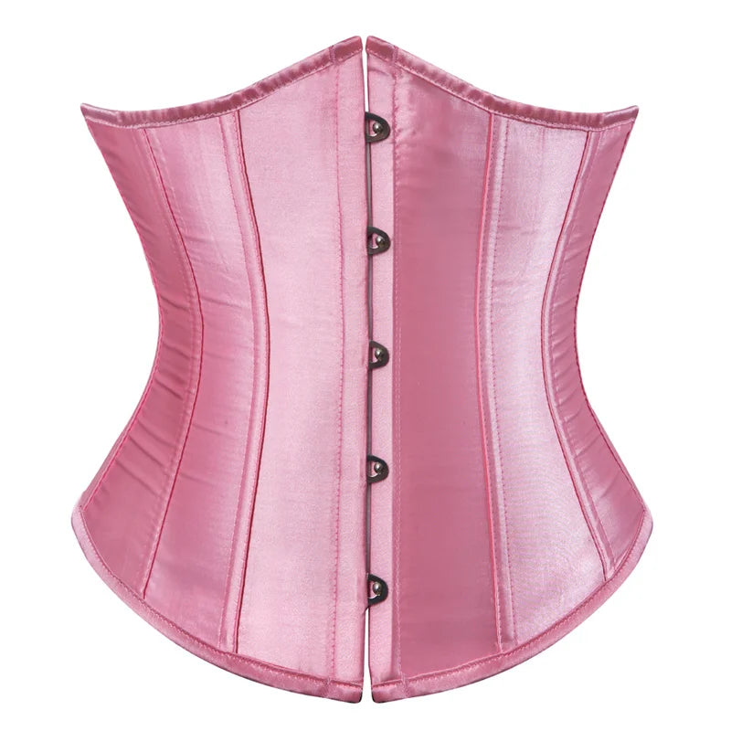 Bustier satin rose avec fermeture a boutons devant, coupe ajustee et design structure en tissu satine brillant