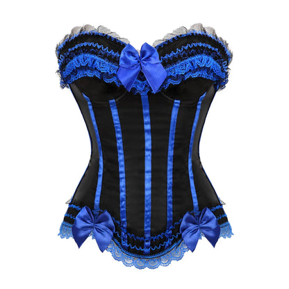 Bustier Satin noir et bleu royal avec dentelle, noeuds decoratifs et baleines verticales pour un style elegant et raffine