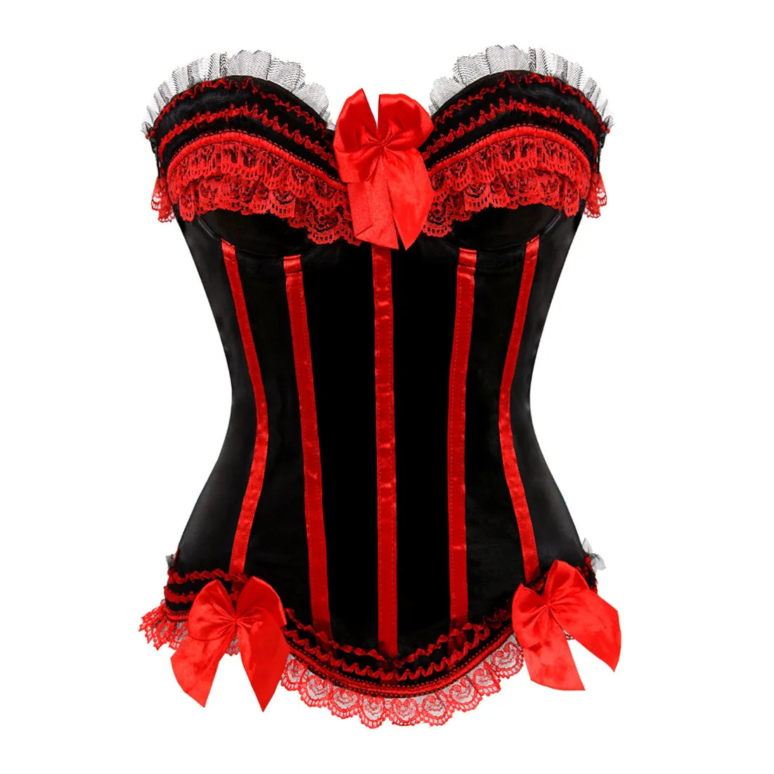 Bustier satin noir et rouge avec dentelle, noeuds decoratifs et bandes verticales contrastantes en style corset