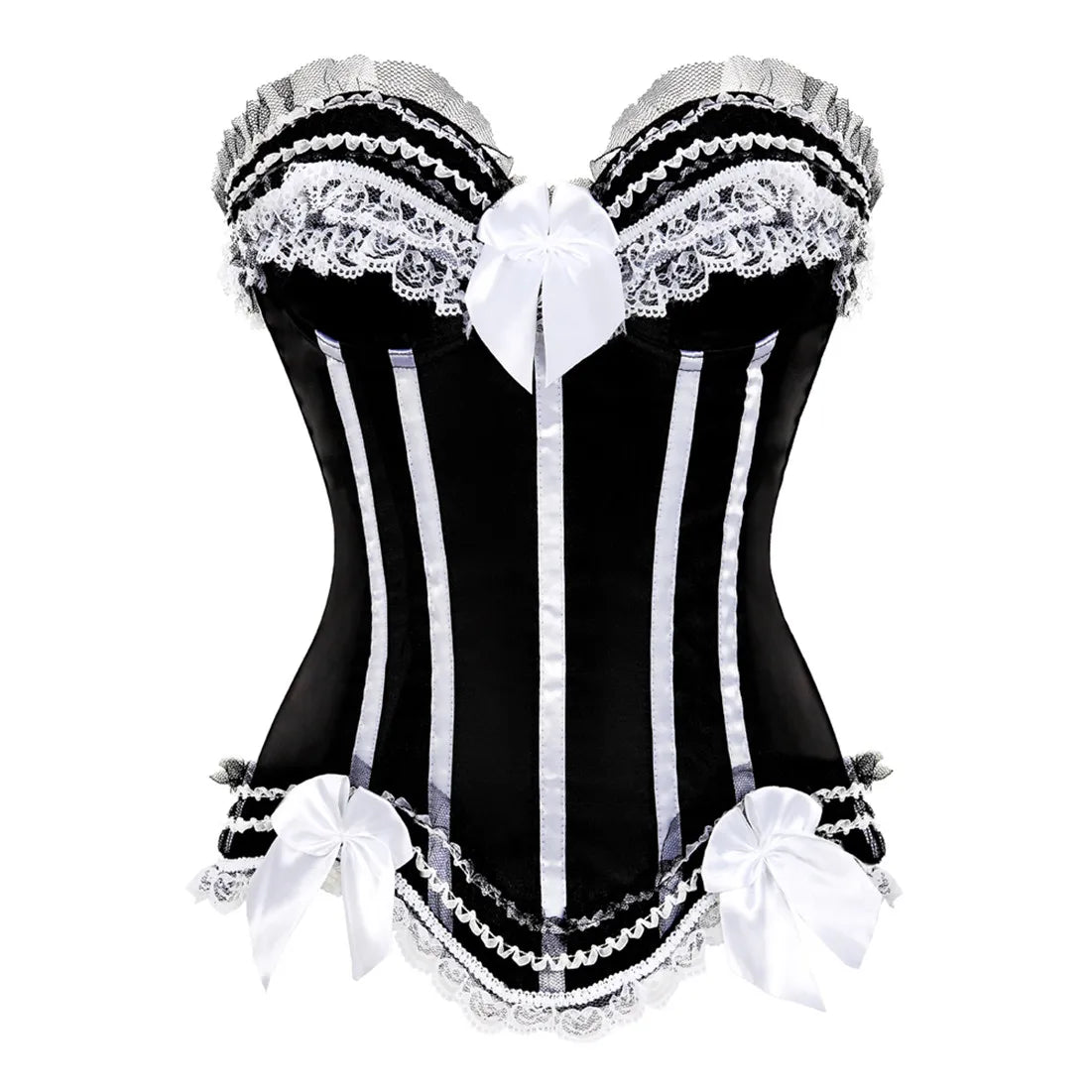 Bustier satin noir elegant avec dentelle blanche, noeuds decoratifs et perles, style vintage victorien