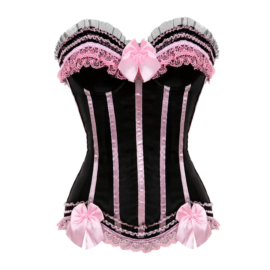 Bustier satin noir elegant avec dentelle rose et noeuds satin, details en ruban et bordure volantee