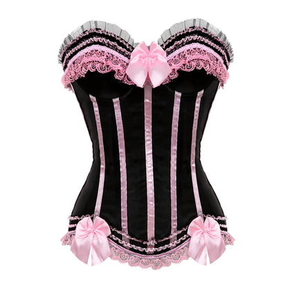 Bustier satin noir elegant avec dentelle rose et noeuds satin, details en ruban et bordure volantee