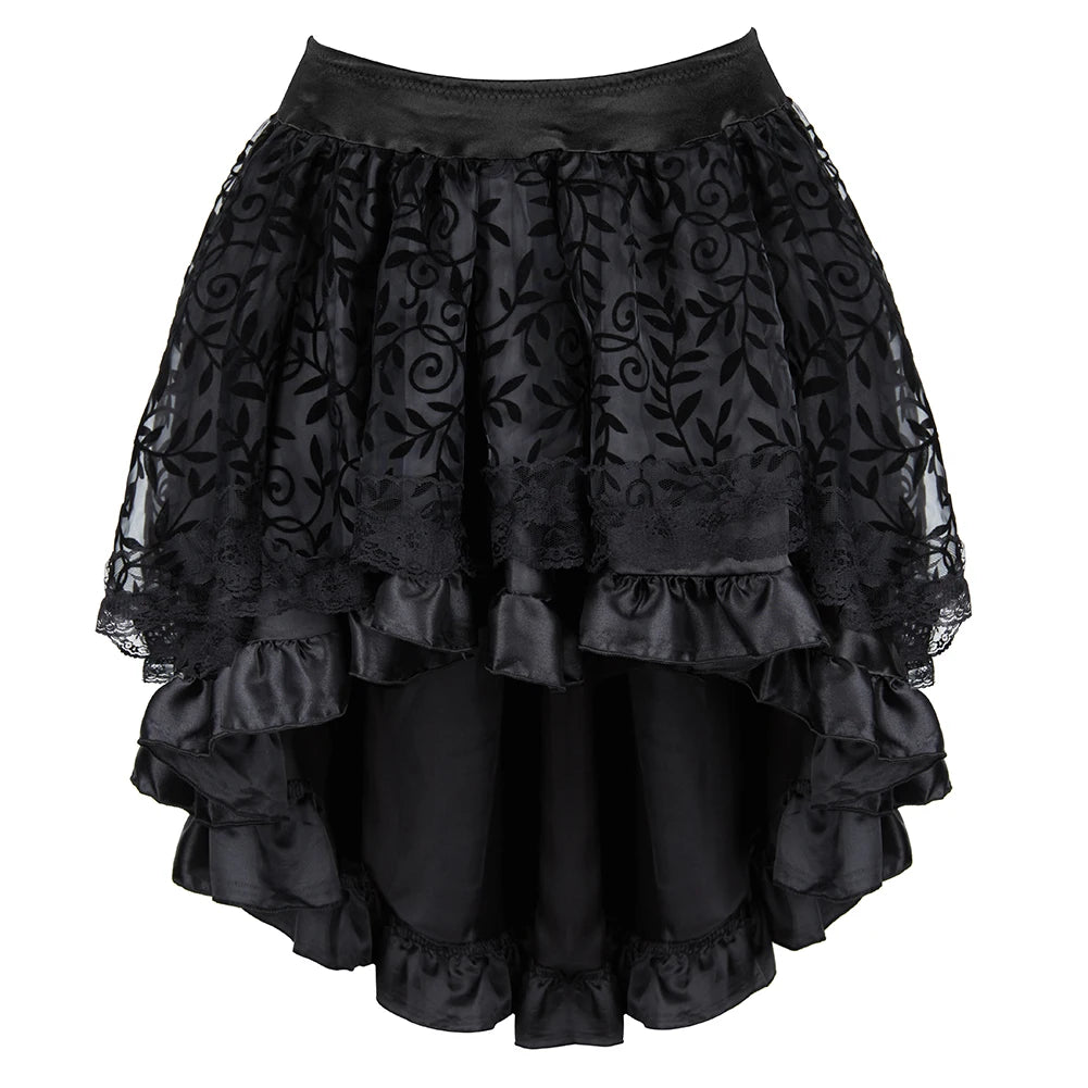 Corset Gothique élégant avec dentelle noire et volants, parfait pour un style gothique chic et raffiné.