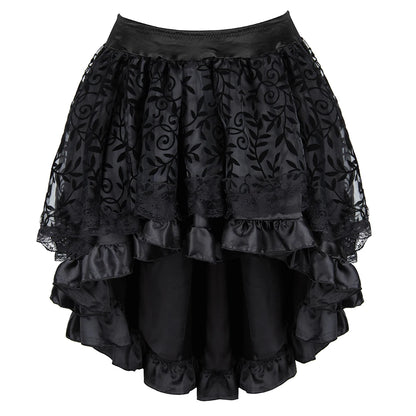 Corset Gothique élégant avec dentelle noire et volants, parfait pour un style gothique chic et raffiné.