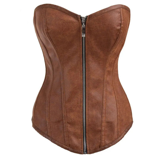 Corset Ceinture Imitation Cuir Marron marron avec zip central, design élégant et ajustable pour sublimer la silhouette.