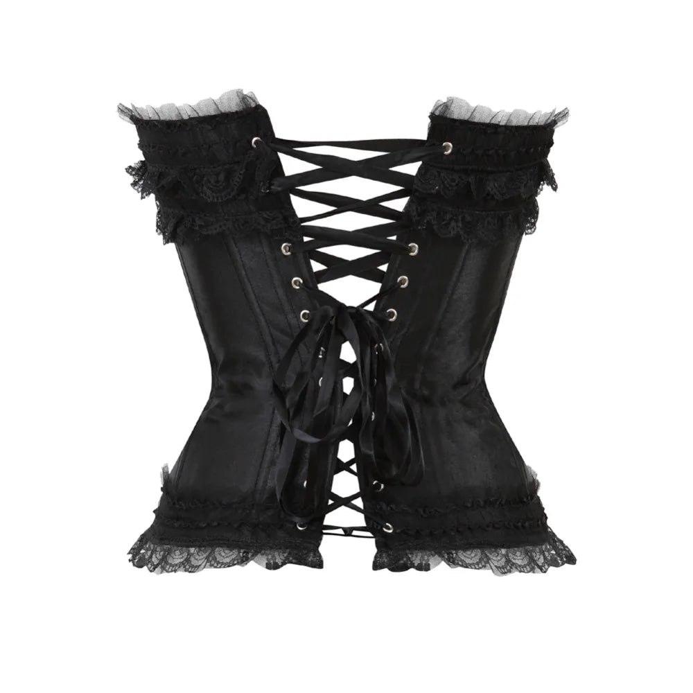 Bustier satin noir elegant avec dentelle et laçage, style corset vintage avec finitions en dentelle delicate