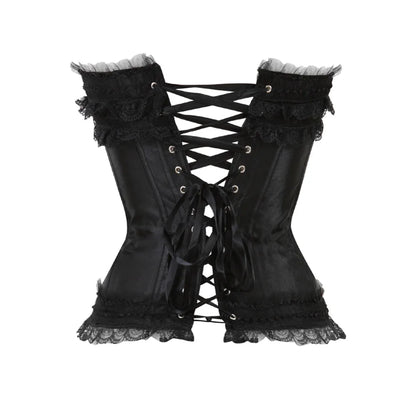 Bustier satin noir elegant avec dentelle et laçage, style corset vintage avec finitions en dentelle delicate
