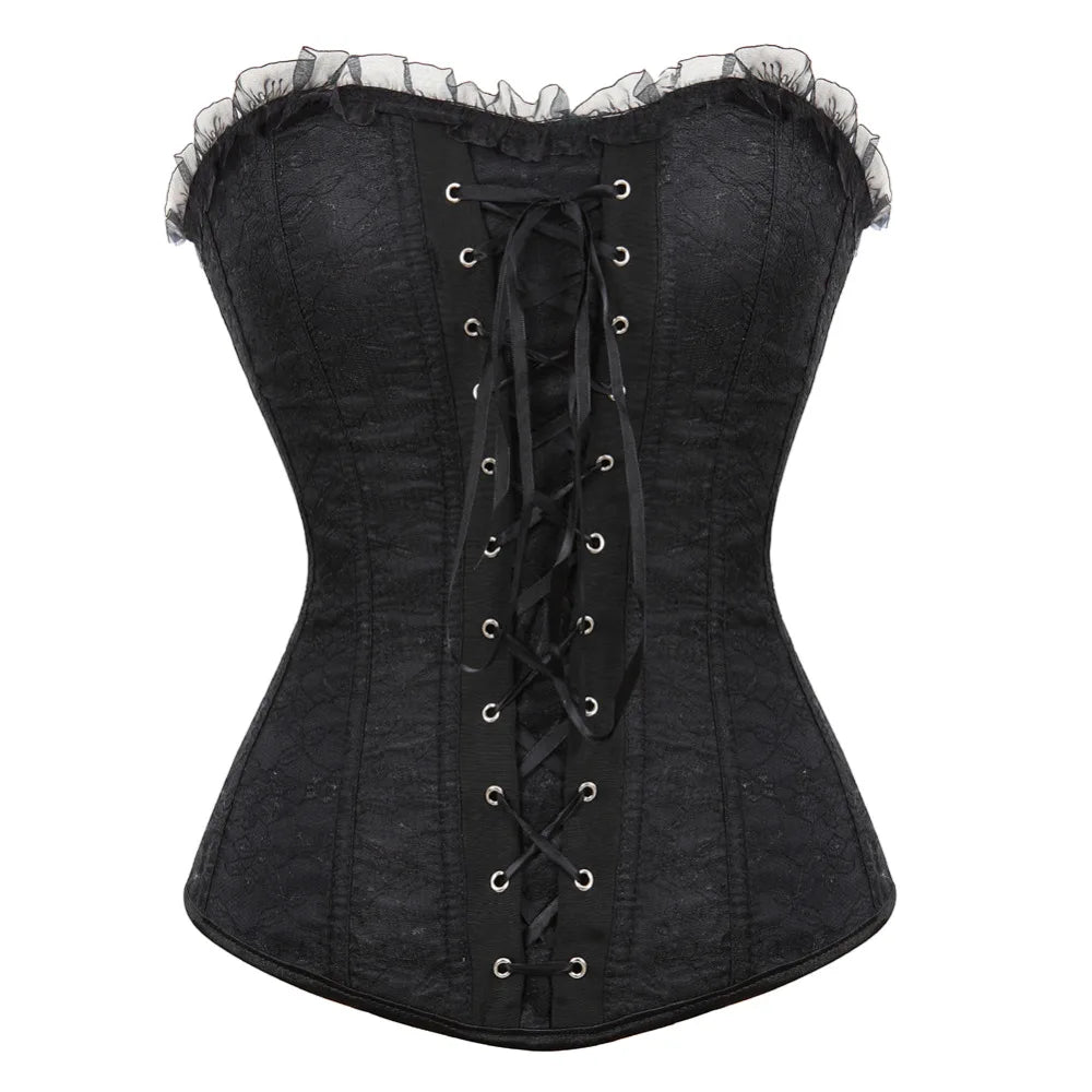 Corset Gothique noir en dentelle avec laçage au dos pour un style gothique élégant et silhouette affinée.