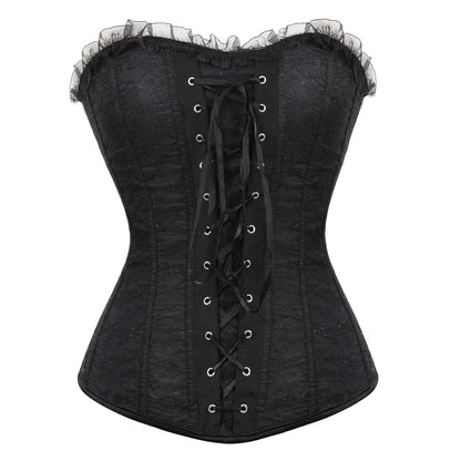 Corset Gothique noir en dentelle avec laçage au dos pour un style gothique élégant et silhouette affinée.