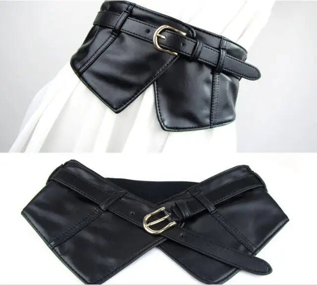 Ceinture Simili Cuir Corset noire en PU, design corset cintrant la taille avec boucle métallique élégante.