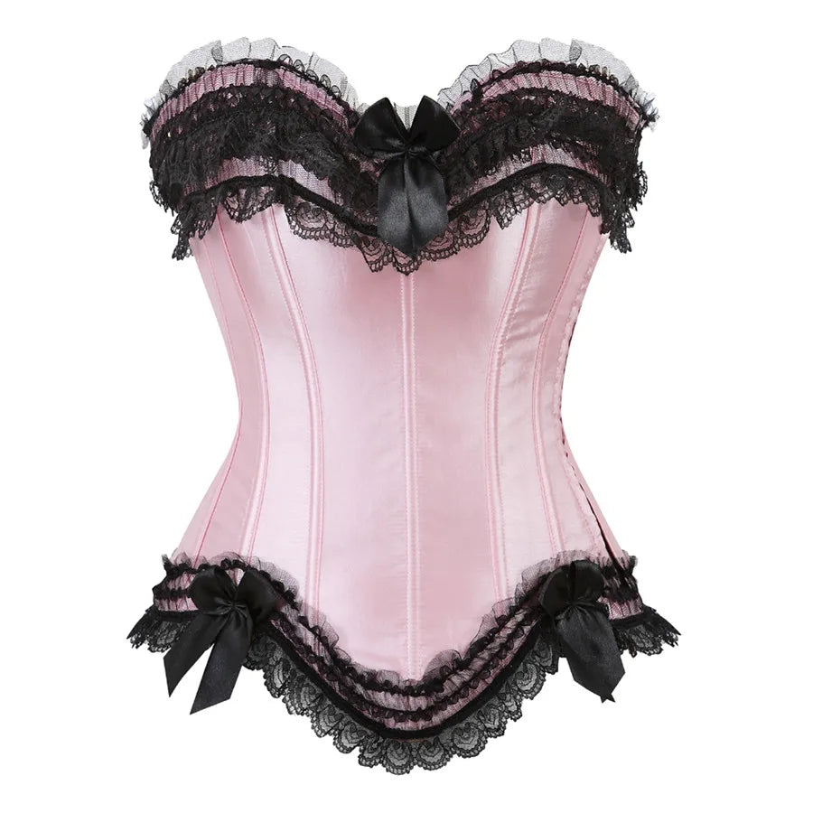 Bustier Satin rose pale avec dentelle noire et noeuds decoratifs, style vintage elegant et romantique