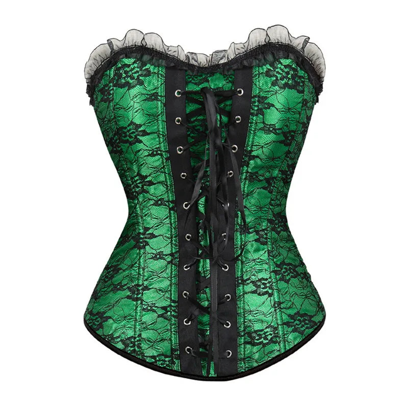 Corset Gothique vert en dentelle avec laçage au dos, style vintage et gothique pour une silhouette élégante et raffinée.