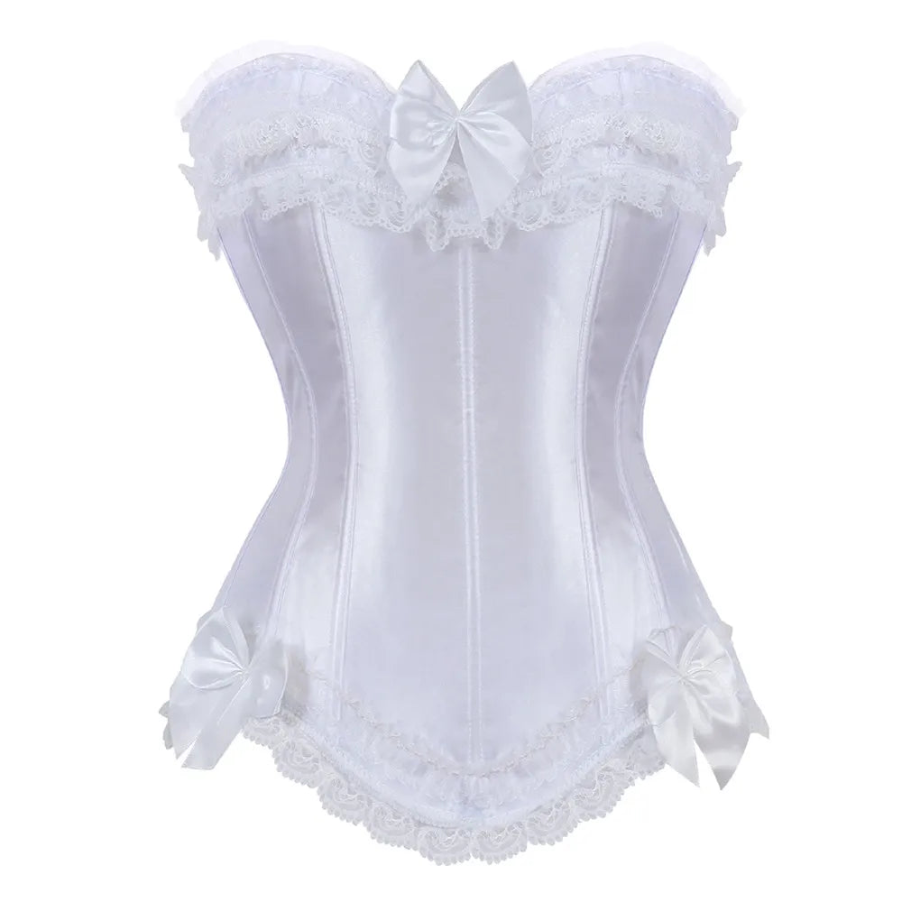 Bustier Satin blanc elegant avec dentelle delicate et noeuds en satin, style corset avec details feminins