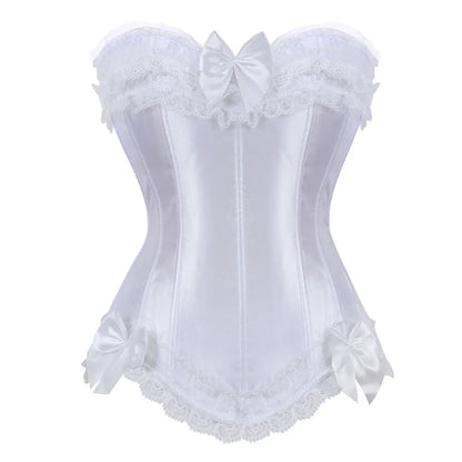 Bustier Satin blanc elegant avec dentelle delicate et noeuds en satin, style corset avec details feminins