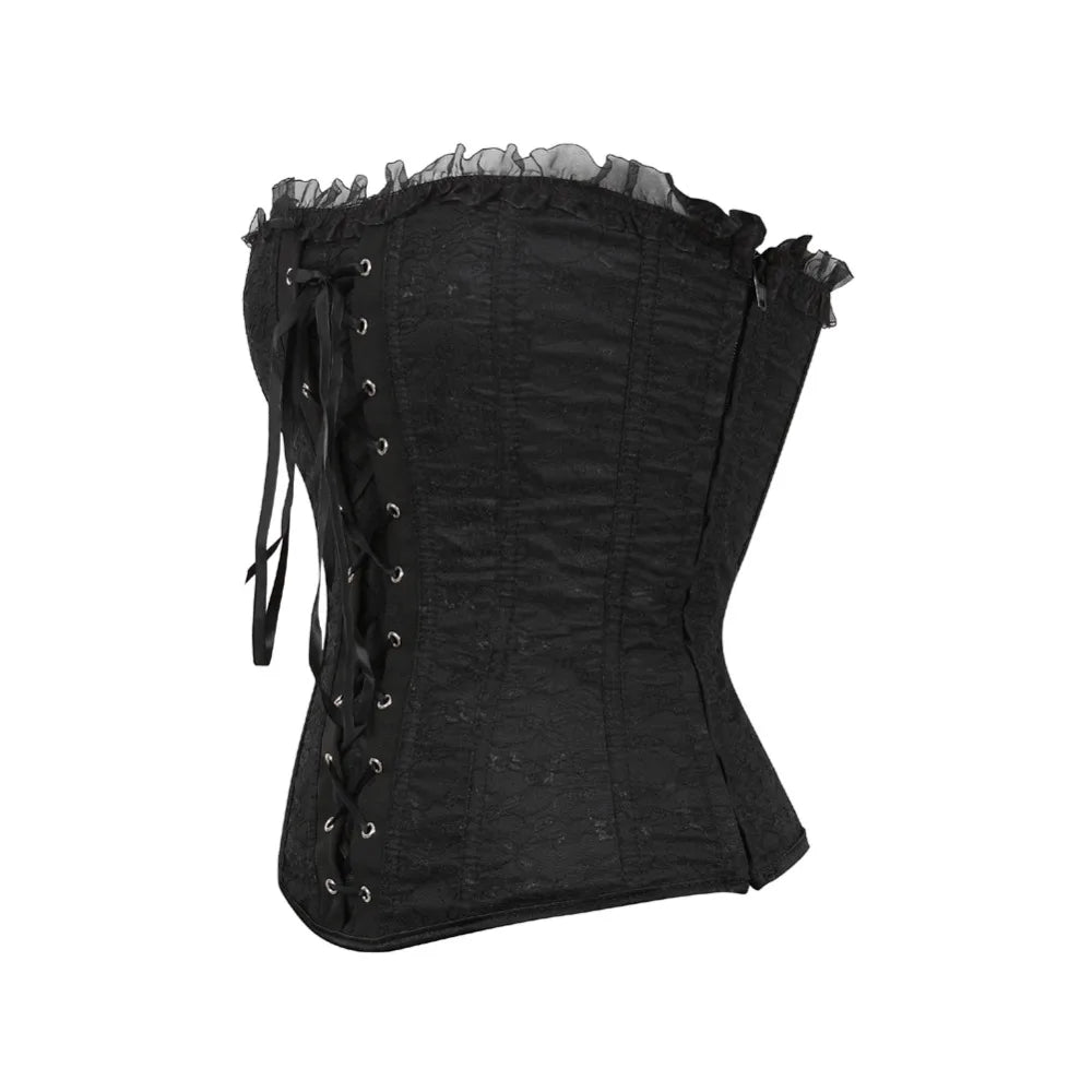 Corset Gothique noir en dentelle avec laçage au dos pour une silhouette élégante et un maintien confortable.