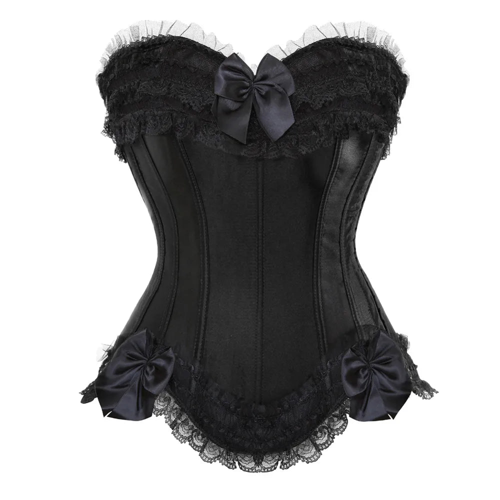 Bustier Satin noir elegant avec dentelle et noeuds en satin, garniture en dentelle blanche et details raffines