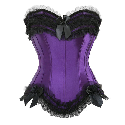 Bustier satin violet avec dentelle noire et noeuds decoratifs, coupe corset elegant avec volants en tulle