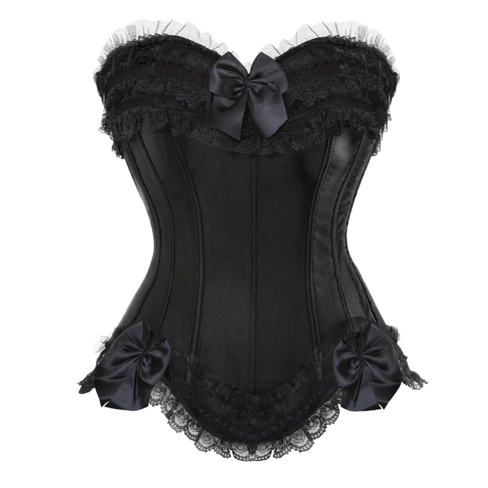 Bustier Satin noir elegant avec dentelle et noeuds en satin, style corset vintage avec bordure en dentelle