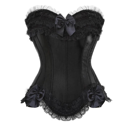 Bustier Satin noir elegant avec dentelle et noeuds en satin, style corset vintage avec bordure en dentelle
