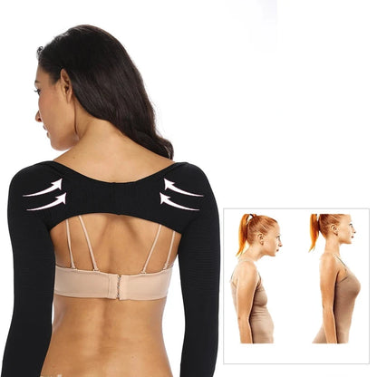 Femme portant la Gaine Bras et Dos noire, améliorant posture et fermeté des bras, effet sculptant visible.