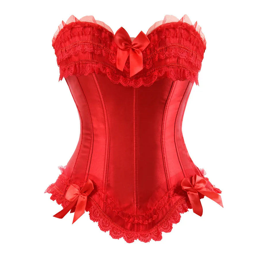 Bustier Satin rouge en dentelle avec noeuds decoratifs, style corset elegant avec bordure en dentelle et details raffines