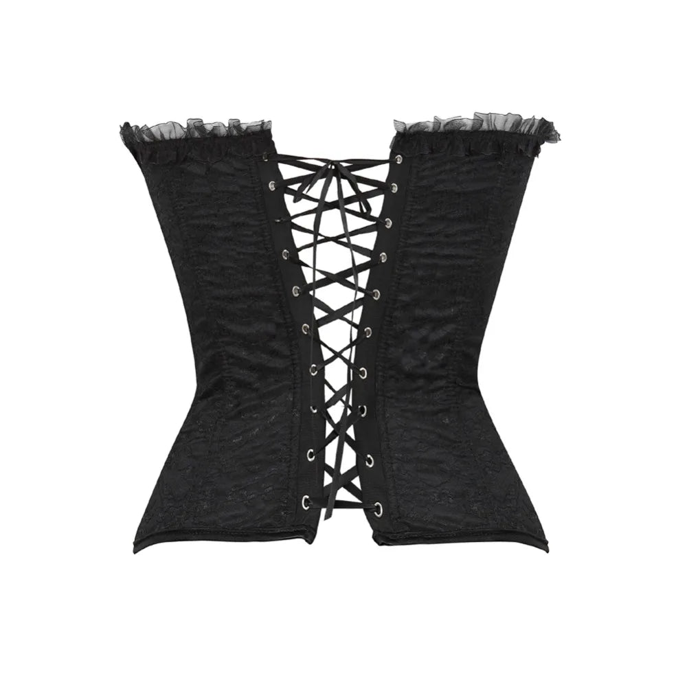 Corset Gothique noir en polyester avec laçage arrière, dentelle élégante, style gothique et maintien optimal pour toutes tailles.