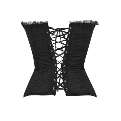 Corset Gothique noir en polyester avec laçage arrière, dentelle élégante, style gothique et maintien optimal pour toutes tailles.