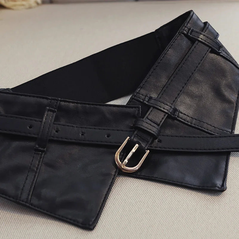 Ceinture Simili Cuir Corset noire en simili cuir PU élégante et résistante avec fermeture boucle métallique dorée.