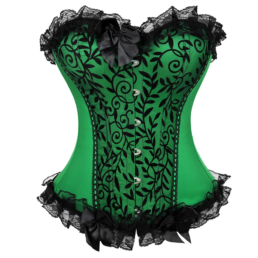 Corset Gothique vert avec motifs noirs, détails en dentelle et nœuds, style vintage et maintien ajustable.