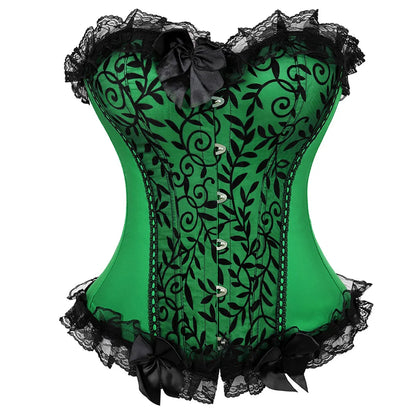 Corset Gothique vert avec motifs noirs, détails en dentelle et nœuds, style vintage et maintien ajustable.