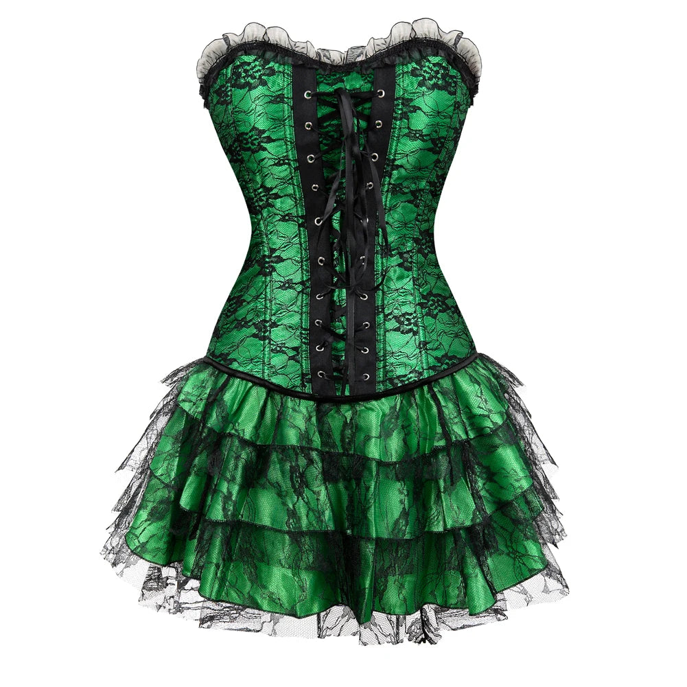 Corset Gothique vert avec dentelle noire, laçage au dos, style vintage et élégant pour toutes occasions.