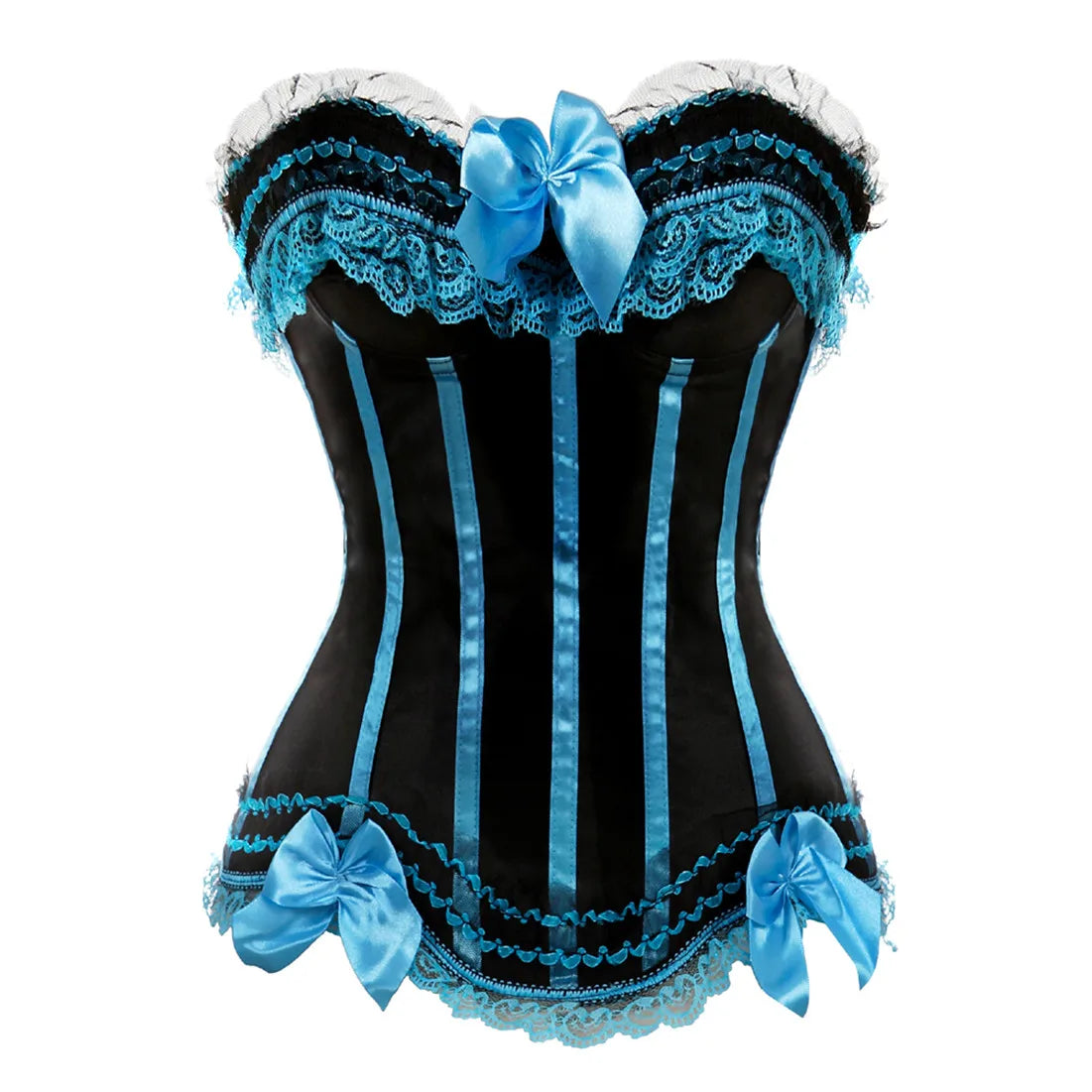 Bustier satin noir avec dentelle bleue turquoise, noeuds en satin et garnitures elegantes style corset vintage