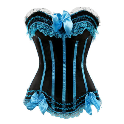 Bustier satin noir avec dentelle bleue turquoise, noeuds en satin et garnitures elegantes style corset vintage