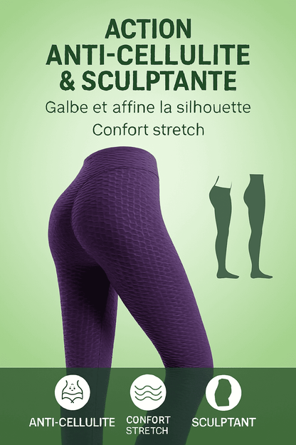 Legging Anti Cellulite Violet effet sculptant, confort stretch, galbe et affine la silhouette avec technologie anti-cellulite.