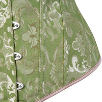 Corset Vert Vintage en tissu vert à motif floral, avec attaches métalliques à l'avant pour un style élégant.