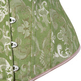 Corset Vert Vintage en tissu vert à motif floral, avec attaches métalliques à l'avant pour un style élégant.