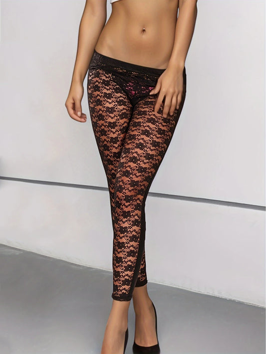Legging Effet Collant Transparent en dentelle noire élégante, silhouette féminine mettant en valeur les jambes fines.