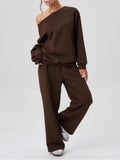 Ensemble femme sweat épaule dénudée et pantalon ample – Café