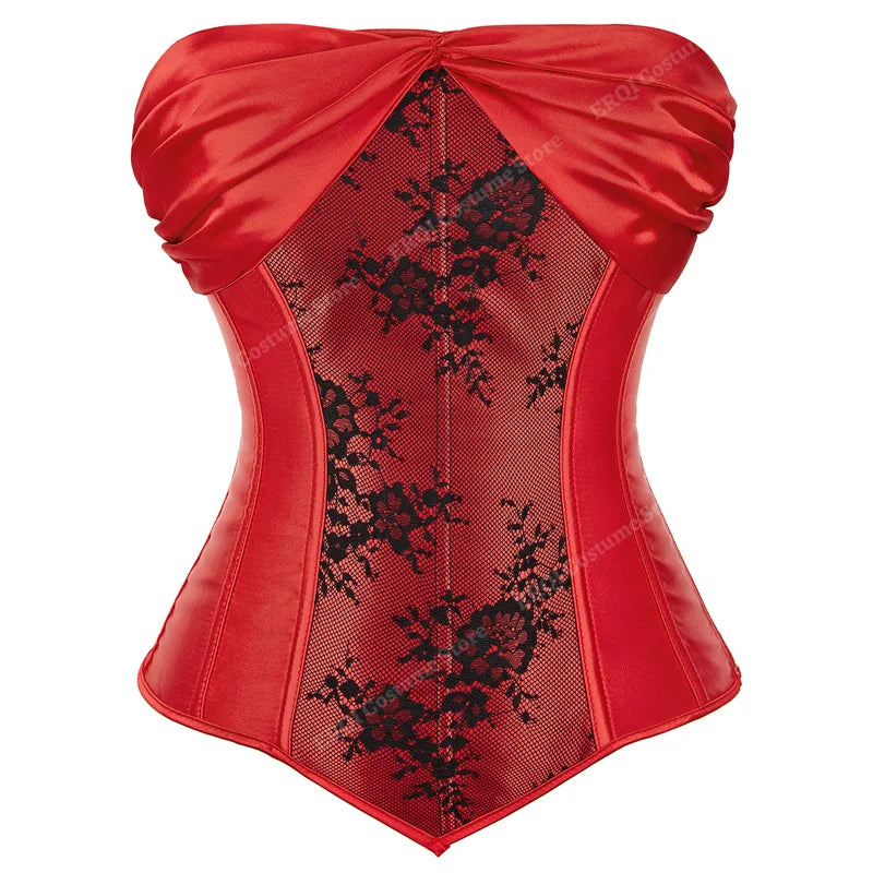 Corset Gothique rouge en satin et dentelle noire, style vintage et gothique pour une silhouette élégante et raffinée.
