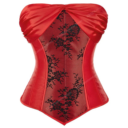 Corset Gothique rouge en satin et dentelle noire, style vintage et gothique pour une silhouette élégante et raffinée.