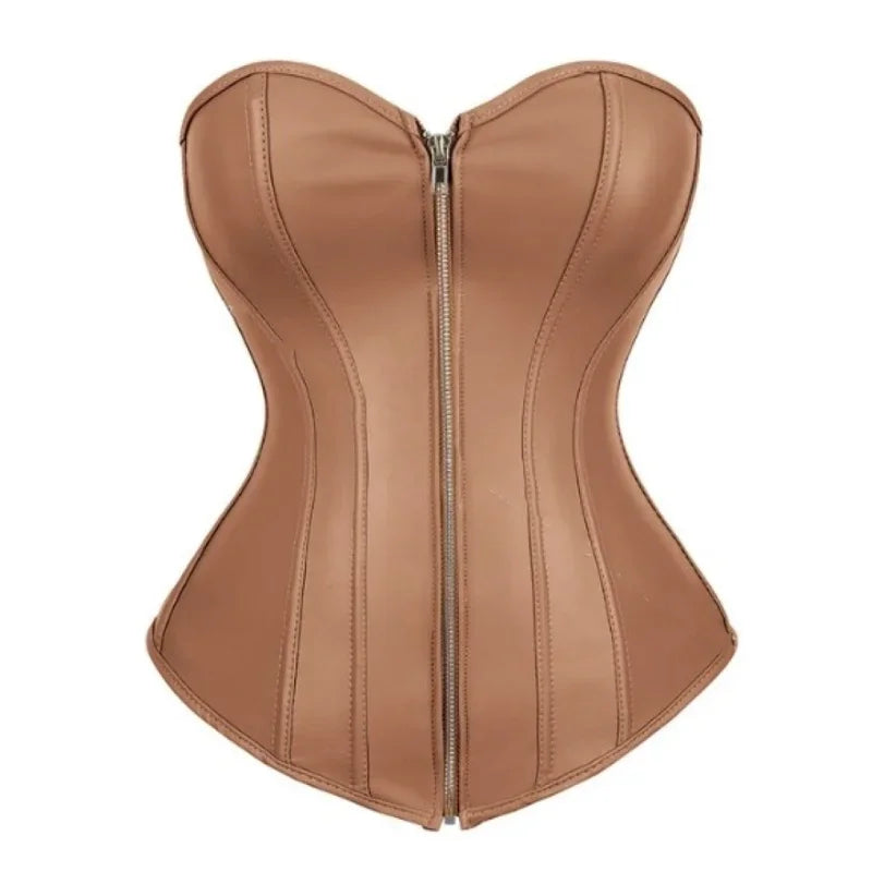 Corset Latex Bustier marron en cuir synthétique avec fermeture éclair, design élégant et silhouette sculptée.