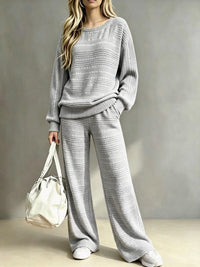 Ensemble deux pièces femme pull tricoté et pantalon large – Gris Clair