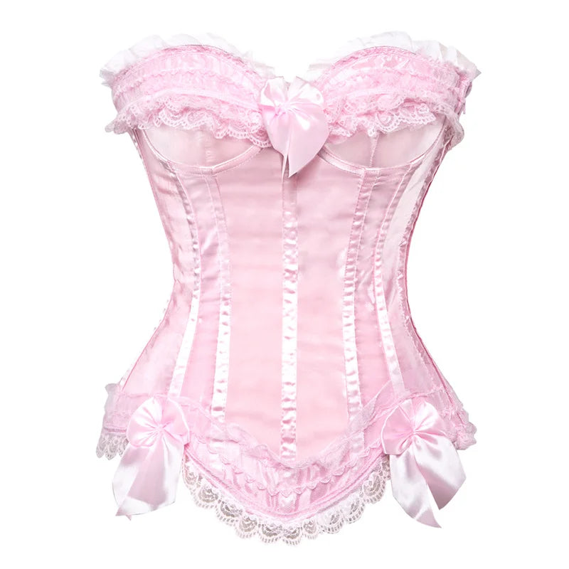 Bustier satin rose pale avec dentelle delicate et noeuds en satin, style corset elegant avec details raffines