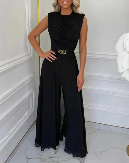 Combinaison femme col châle jambes larges ceinture dorée – A