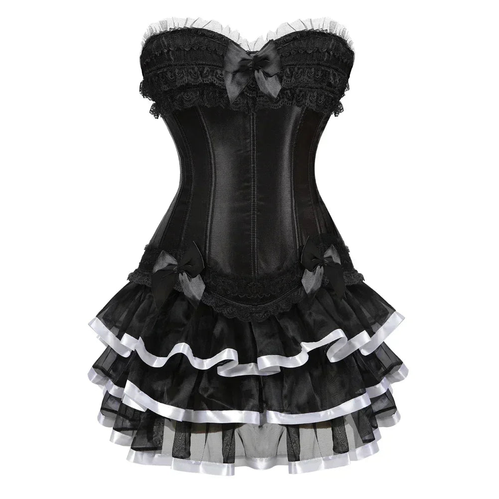 Corset et Jupe noir en dentelle avec nœuds, élégant et confortable pour sublimer la silhouette féminine.