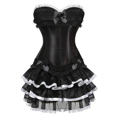 Corset et Jupe noir en dentelle avec nœuds, élégant et confortable pour sublimer la silhouette féminine.