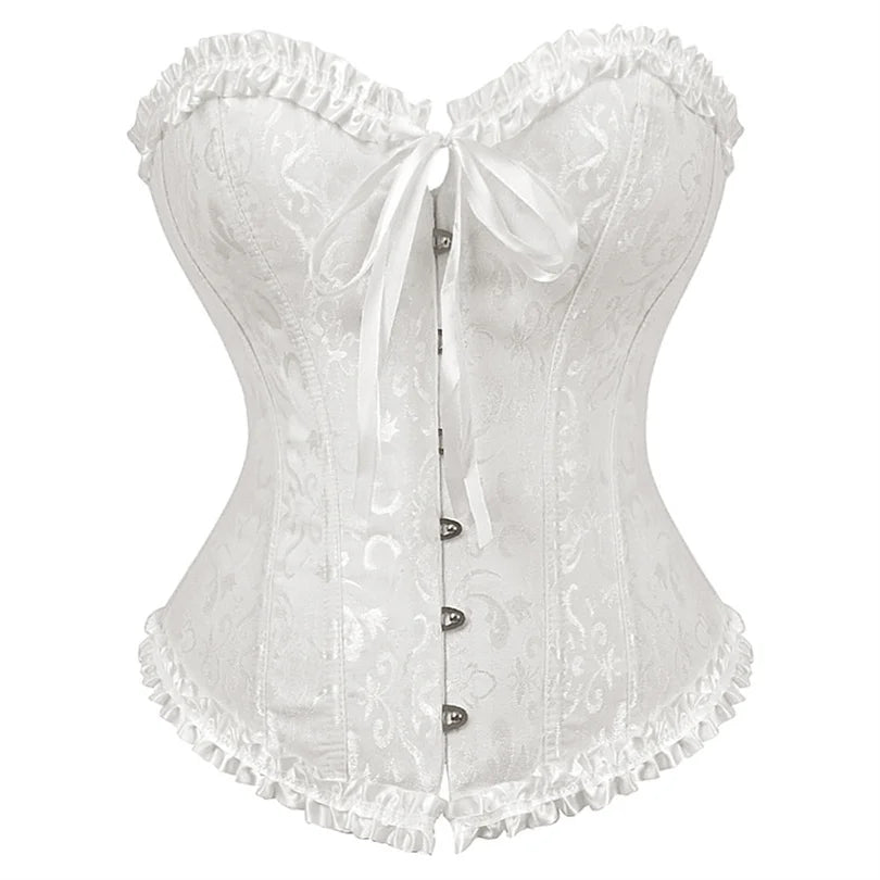 Bustier satin blanc elegant avec dentelle et ruban, coupe corsage ajustee avec volants et boutons decoratifs
