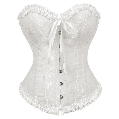 Bustier satin blanc elegant avec dentelle et ruban, coupe corsage ajustee avec volants et boutons decoratifs