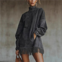 Robe courte velours col montant manches longues franges 2